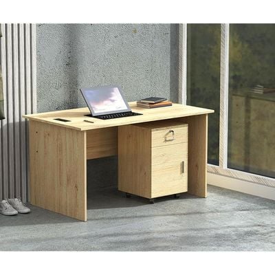 Mahmayi MP1 140x80 Oak Writing Table With Drawers and Black BS01 Desktop Socket Featuring USB AC Port - Ideal for Home or Office Desk Organization and Connectivity Solutions