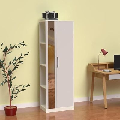 Modern Wardrobe With Side Mirror And Side Shelf, Floor Storage Cabinet With Hangers - Premium White