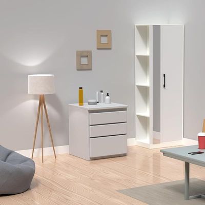 Modern Wardrobe With Side Mirror And Side Shelf, Floor Storage Cabinet With Hangers - Premium White