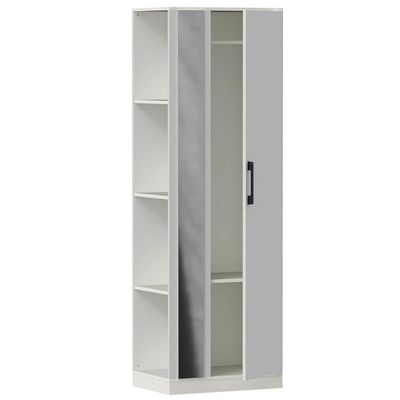 Modern Wardrobe With Side Mirror And Side Shelf, Floor Storage Cabinet With Hangers - Premium White