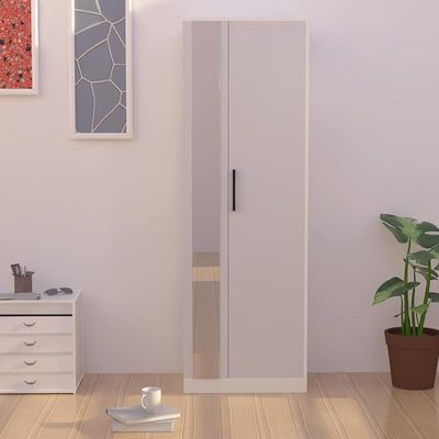 Modern Wardrobe With Side Mirror And Side Shelf, Floor Storage Cabinet With Hangers - Premium White