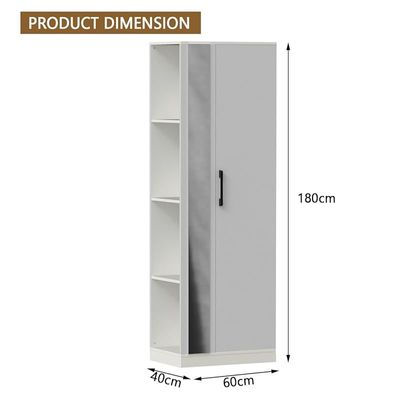 Modern Wardrobe With Side Mirror And Side Shelf, Floor Storage Cabinet With Hangers - Premium White