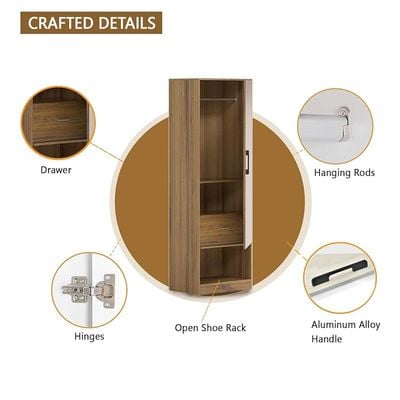 Modern Wardrobe With Bottom Superior Space, Floor Storage Cabinet With Hangers - Cognac Brown Sherman Oak