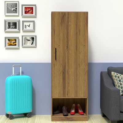 Modern Wardrobe With Bottom Superior Space, Floor Storage Cabinet With Hangers - Cognac Brown Sherman Oak