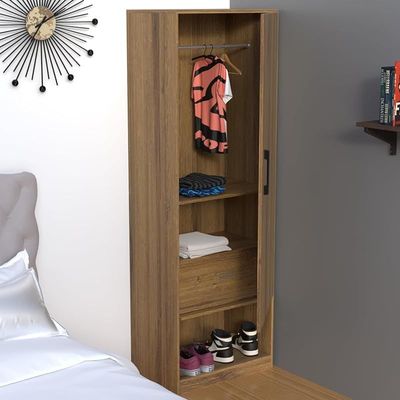 Modern Wardrobe With Bottom Superior Space, Floor Storage Cabinet With Hangers - Cognac Brown Sherman Oak