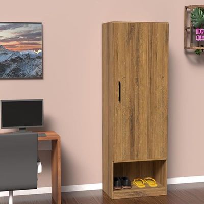 Modern Wardrobe With Bottom Superior Space, Floor Storage Cabinet With Hangers - Cognac Brown Sherman Oak