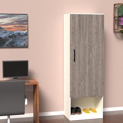 Modern Wardrobe With Bottom Superior Space, Floor Storage Cabinet With Hangers - Grey Brown Whiteriver Oak/Premium White