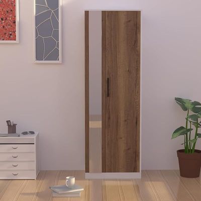 Modern Wardrobe With Side Mirror And Side Shelf, Floor Storage Cabinet With Hangers - Tobacco Halifax Oak