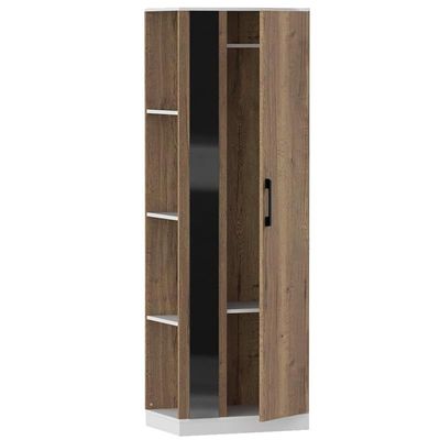 Modern Wardrobe With Side Mirror And Side Shelf, Floor Storage Cabinet With Hangers - Tobacco Halifax Oak