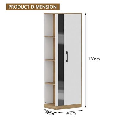 Modern Wardrobe With Side Mirror And Side Shelf, Floor Storage Cabinet With Hangers - Cognac Brown Sherman Oak