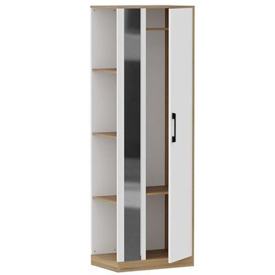 Modern Wardrobe With Side Mirror And Side Shelf, Floor Storage Cabinet With Hangers - Cognac Brown Sherman Oak