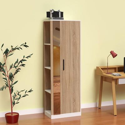 Modern Wardrobe With Side Mirror And Side Shelf, Floor Storage Cabinet With Hangers - Grey Bardolino Oak