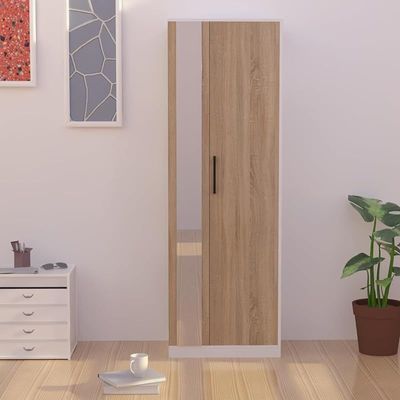 Modern Wardrobe With Side Mirror And Side Shelf, Floor Storage Cabinet With Hangers - Grey Bardolino Oak