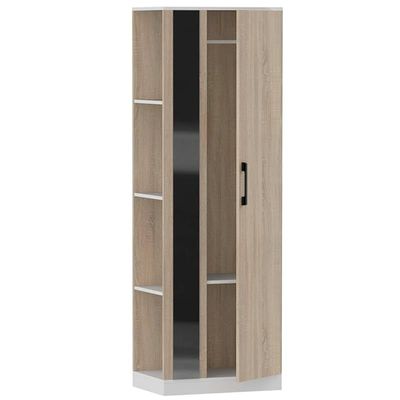 Modern Wardrobe With Side Mirror And Side Shelf, Floor Storage Cabinet With Hangers - Grey Bardolino Oak
