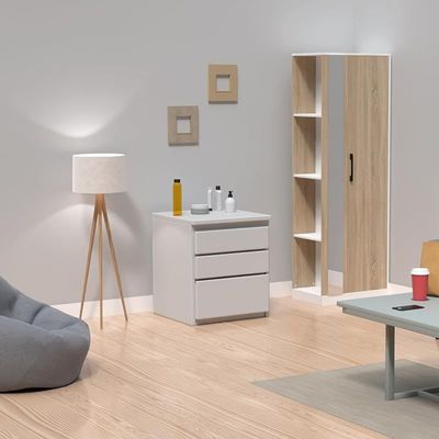 Modern Wardrobe With Side Mirror And Side Shelf, Floor Storage Cabinet With Hangers - Grey Bardolino Oak