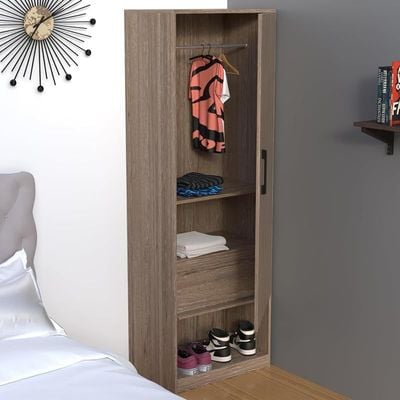 Modern Wardrobe With Bottom Superior Space, Floor Storage Cabinet With Hangers - Truffle Brown Davos Oak