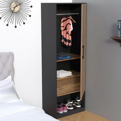 Modern Wardrobe With Bottom Superior Space, Floor Storage Cabinet With Hangers - Dark Hunton Oak/Lava Grey
