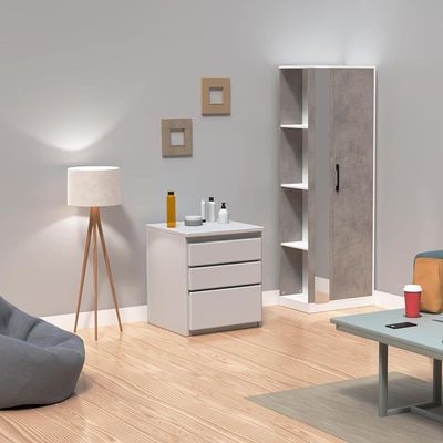 Modern Wardrobe With Side Mirror And Side Shelf, Floor Storage Cabinet With Hangers - Light Grey Chicago Concrete