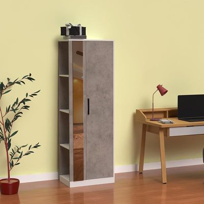 Modern Wardrobe With Side Mirror And Side Shelf, Floor Storage Cabinet With Hangers - Light Grey Chicago Concrete