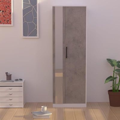 Modern Wardrobe With Side Mirror And Side Shelf, Floor Storage Cabinet With Hangers - Light Grey Chicago Concrete
