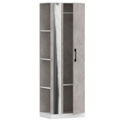 Modern Wardrobe With Side Mirror And Side Shelf, Floor Storage Cabinet With Hangers - Light Grey Chicago Concrete