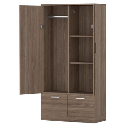 Wooden Wardrobe With 2 Doors, 2 Drawers, Hanging Rod And 2 Compartments - Truffle Brown Davos Oak