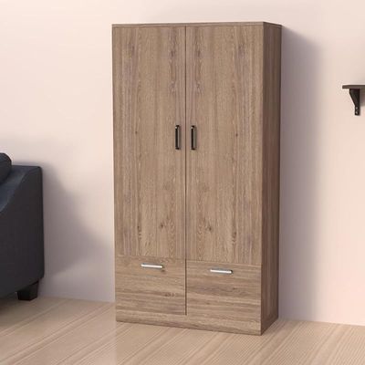 Wooden Wardrobe With 2 Doors, 2 Drawers, Hanging Rod And 2 Compartments - Truffle Brown Davos Oak