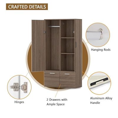 Wooden Wardrobe With 2 Doors, 2 Drawers, Hanging Rod And 2 Compartments - Truffle Brown Davos Oak