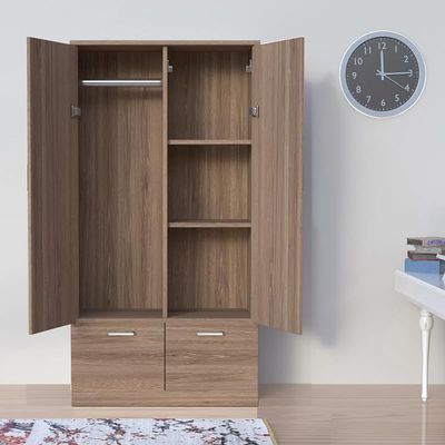 Wooden Wardrobe With 2 Doors, 2 Drawers, Hanging Rod And 2 Compartments - Truffle Brown Davos Oak