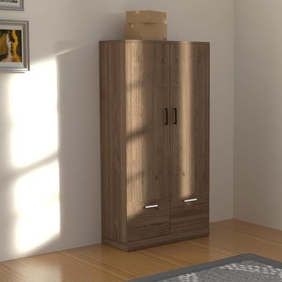 Wooden Wardrobe With 2 Doors, 2 Drawers, Hanging Rod And 2 Compartments - Truffle Brown Davos Oak