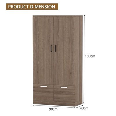 Wooden Wardrobe With 2 Doors, 2 Drawers, Hanging Rod And 2 Compartments - Truffle Brown Davos Oak