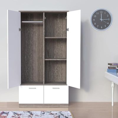 Wooden Wardrobe With 2 Doors, 2 Drawers, Hanging Rod And 2 Compartments - Grey Brown White River Oak/Premium White
