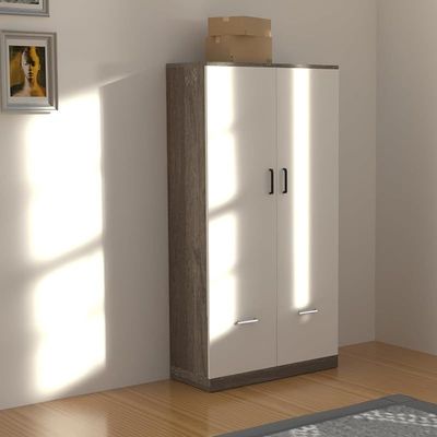 Wooden Wardrobe With 2 Doors, 2 Drawers, Hanging Rod And 2 Compartments - Grey Brown White River Oak/Premium White