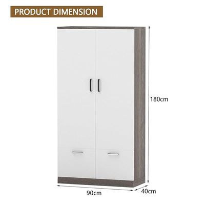 Wooden Wardrobe With 2 Doors, 2 Drawers, Hanging Rod And 2 Compartments - Grey Brown White River Oak/Premium White