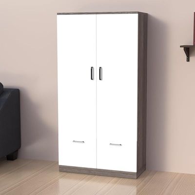 Wooden Wardrobe With 2 Doors, 2 Drawers, Hanging Rod And 2 Compartments - Grey Brown White River Oak/Premium White