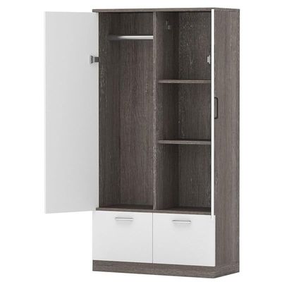 Wooden Wardrobe With 2 Doors, 2 Drawers, Hanging Rod And 2 Compartments - Grey Brown White River Oak/Premium White