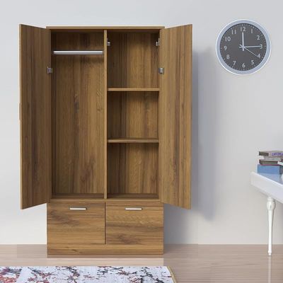 Wooden Wardrobe With 2 Doors, 2 Drawers, Hanging Rod And 2 Compartments - Cognac Brown Sherman Oak