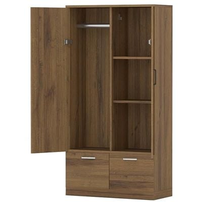 Wooden Wardrobe With 2 Doors, 2 Drawers, Hanging Rod And 2 Compartments - Cognac Brown Sherman Oak