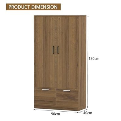 Wooden Wardrobe With 2 Doors, 2 Drawers, Hanging Rod And 2 Compartments - Cognac Brown Sherman Oak