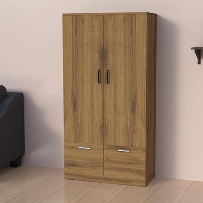 Wooden Wardrobe With 2 Doors, 2 Drawers, Hanging Rod And 2 Compartments - Cognac Brown Sherman Oak