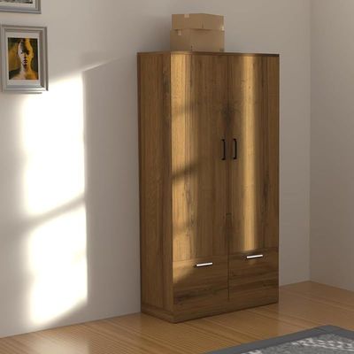 Wooden Wardrobe With 2 Doors, 2 Drawers, Hanging Rod And 2 Compartments - Cognac Brown Sherman Oak