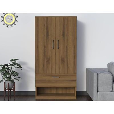 Wooden Wardrobe With 1 Door, And Open Shoe Rack, Hanging Rod And 2 Compartments - Cognac Brown Sherman Oak