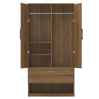 Wooden Wardrobe With 2 Door, And Open Shoe Rack, Hanging Rod And 2 Compartments - Cognac Brown Sherman Oak