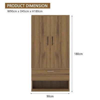 Wooden Wardrobe With 2 Door, And Open Shoe Rack, Hanging Rod And 2 Compartments - Cognac Brown Sherman Oak