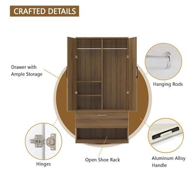 Wooden Wardrobe With 2 Door, And Open Shoe Rack, Hanging Rod And 2 Compartments - Cognac Brown Sherman Oak