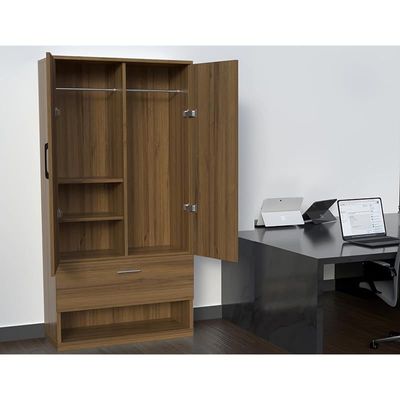 Wooden Wardrobe With 2 Door, And Open Shoe Rack, Hanging Rod And 2 Compartments - Cognac Brown Sherman Oak