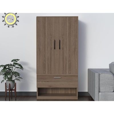 Wooden Wardrobe With 1 Door, And Open Shoe Rack, Hanging Rod And 2 Compartments - Truffle Brown Davos Oak