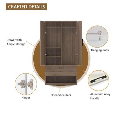 Wooden Wardrobe With 2 Door, And Open Shoe Rack, Hanging Rod And 2 Compartments - Truffle Brown Davos Oak