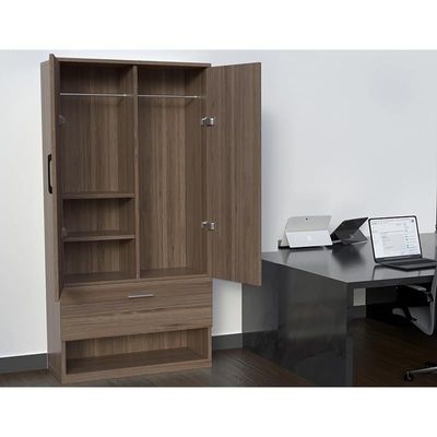 Wooden Wardrobe With 2 Door, And Open Shoe Rack, Hanging Rod And 2 Compartments - Truffle Brown Davos Oak