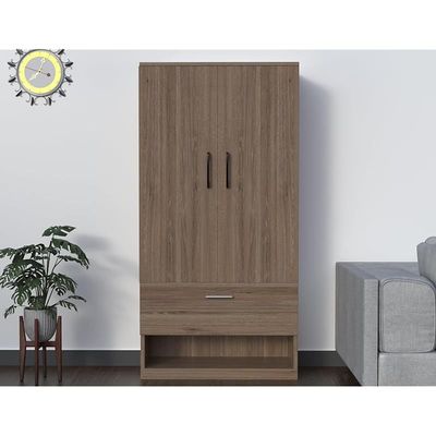 Wooden Wardrobe With 2 Door, And Open Shoe Rack, Hanging Rod And 2 Compartments - Truffle Brown Davos Oak